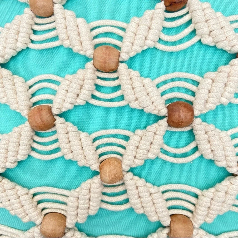 Set of 2 Teal Turquoise Rope and Wooden Beads Pillows.